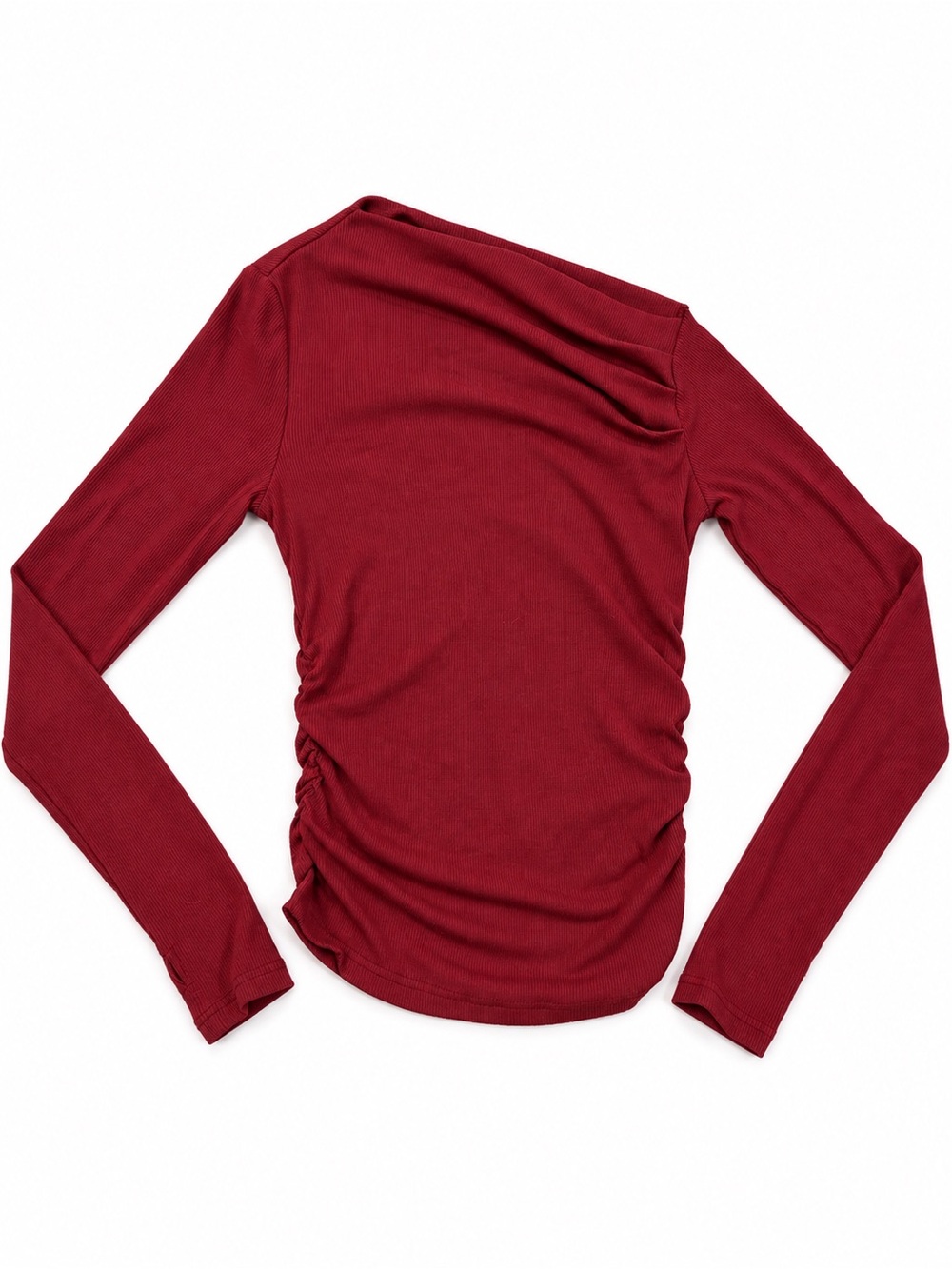Burgundy Asymmetrical Ribbed Ruched Side Long Sleeve Top Size Small